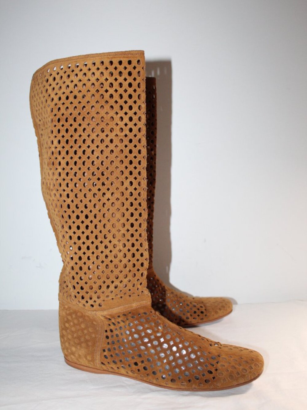 PRADA Brown Suede Leather Perforated Tall Flats Pull On Riding Boots 40